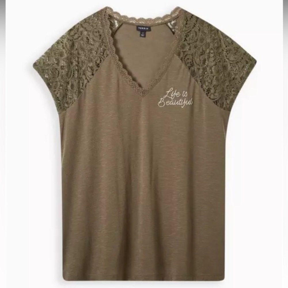 Torrid Life is Beautiful V-Neck Lace Sleeve Embroidered Shirt Size 1X NWT #2599